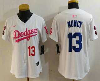 Women%27s Los Angeles Dodgers #13 Max Muncy Number White Pink With Patch Limited Stitched Jersey